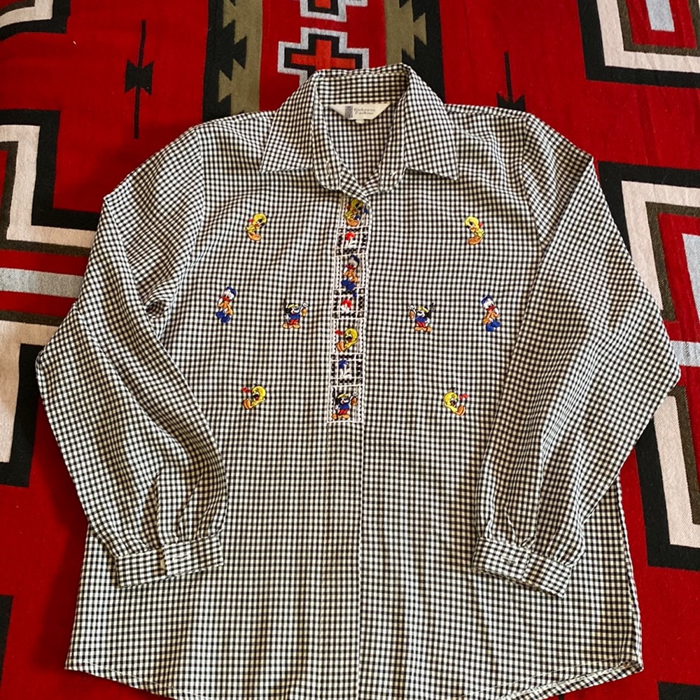 Gingham blouse with Mickey Mouse, Tweedy Bird and Donald Duck . No size listed